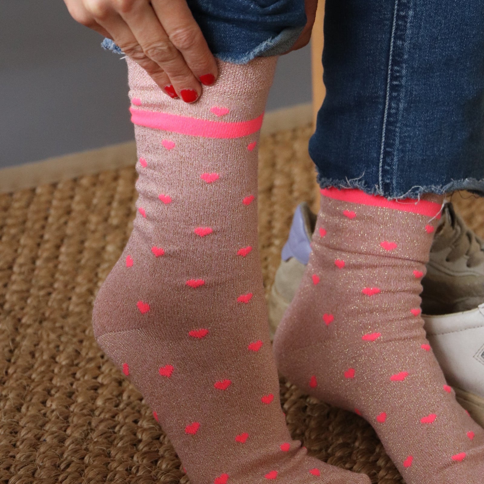 Socken Glitzer Herz Neon Pink